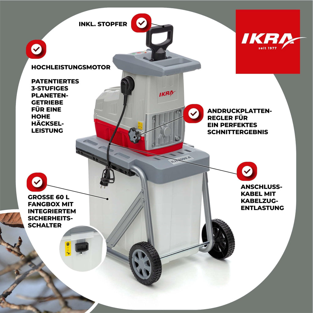 Elektro Walzenhäcksler ILH 3000A 3000 W für Äste bis 44 mm mit 60 L Fangbox automatischem Asteinzug