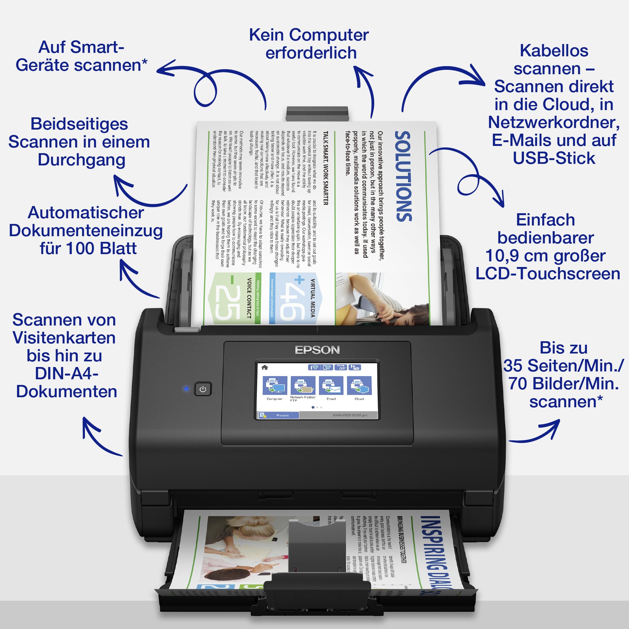 Dokumentenscanner ES-580W A4 Duplex WLAN USB 3.0 35 Seiten 70 Bilder pro Minute 100 Blatt Dokumenteneinzug