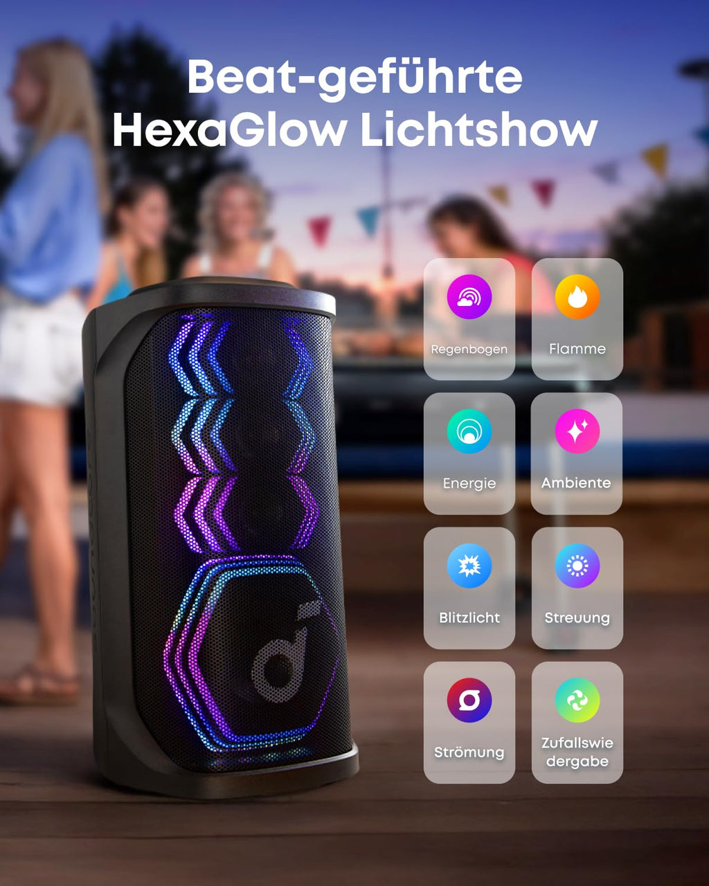 Party-Lautsprecher mit Karaoke Rave 3S A31A3 200W Bluetooth 12h Akku 2 kabellose Mikrofone