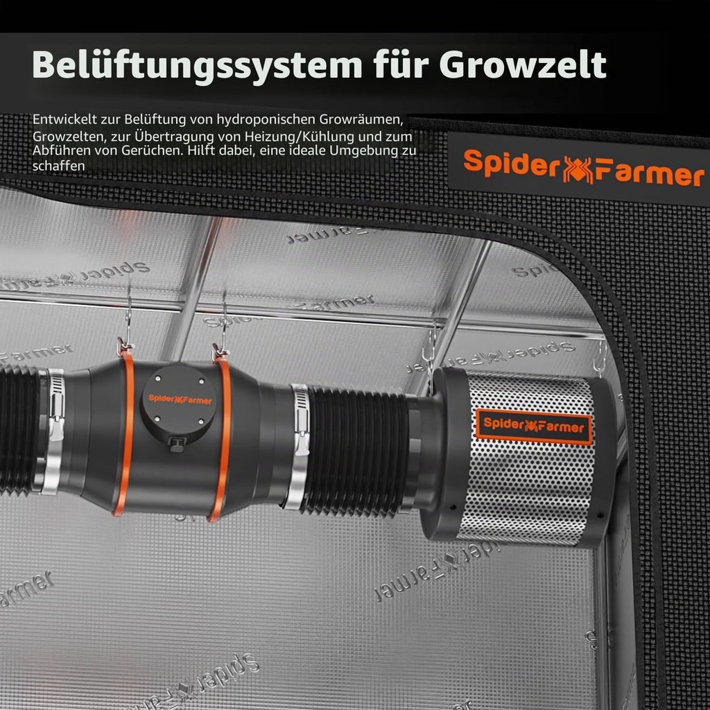 Rohrventilator Abluftset 100 mm mit Aktivkohlefilter GGS Controller 205 CFM 27 W Temperatur Feuchtigkeitssensor 26,8 dB 4 m Schlauch