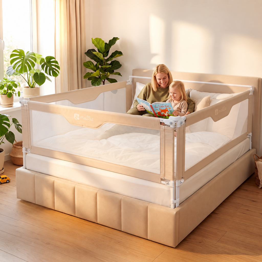Bettgitter Rausfallschutz 200x200 cm 3-seitiges Set MALLIEFIX 2.0 Click-System höhenverstellbar Beige