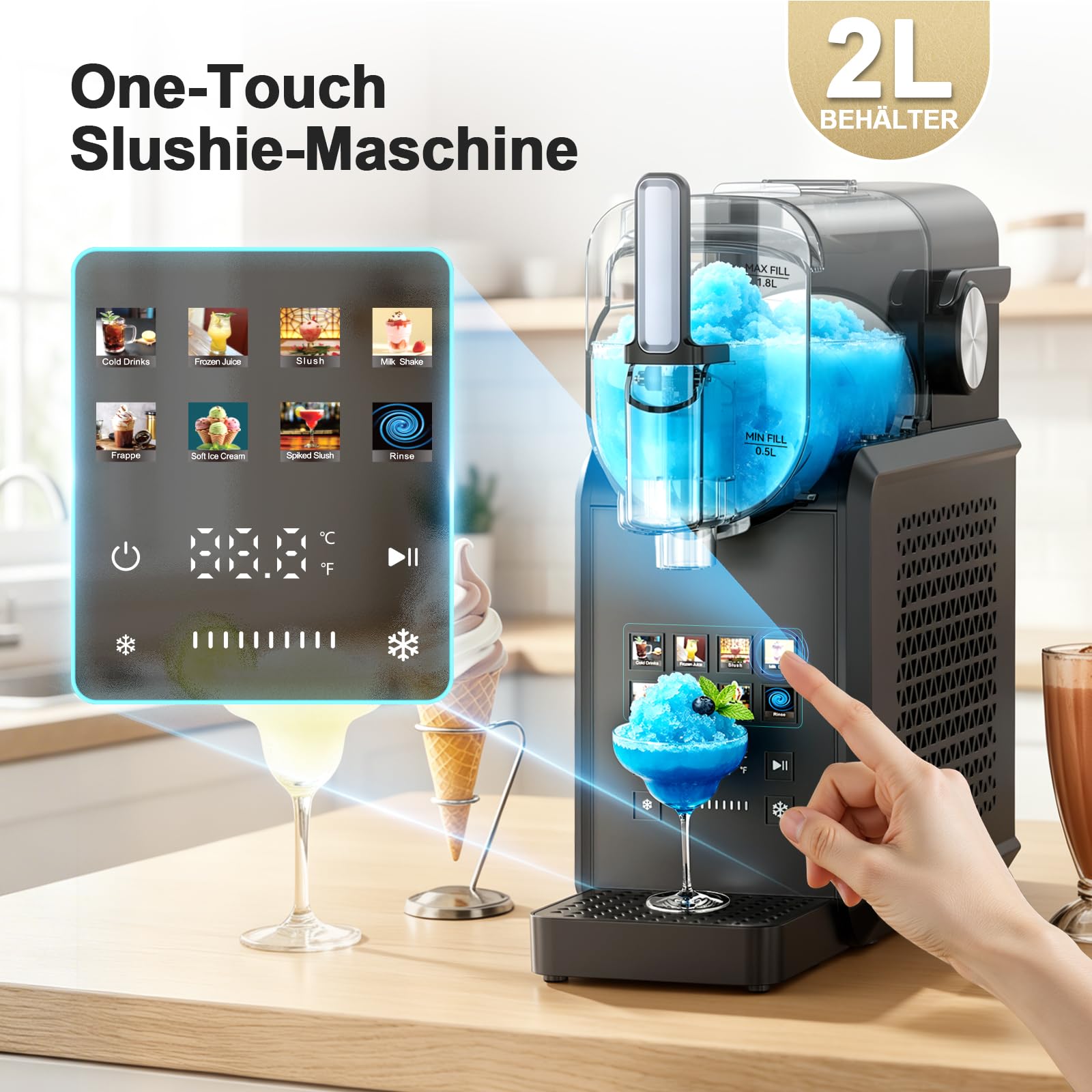 Slushmaschine 2,7 l mit 8 Programmen One-Touch Start Selbstreinigung für Slush Frappé Milchshake und gefrorene Getränke