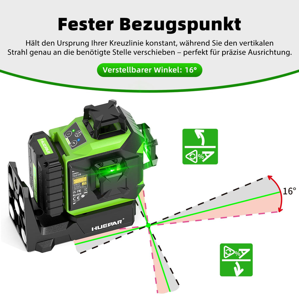 Kreuzlinienlaser 360° mit motorisierter Basis Fernbedienung automatischer Ausrichtung ±2 mm Präzision Pulsmodus 5200 mAh Akku