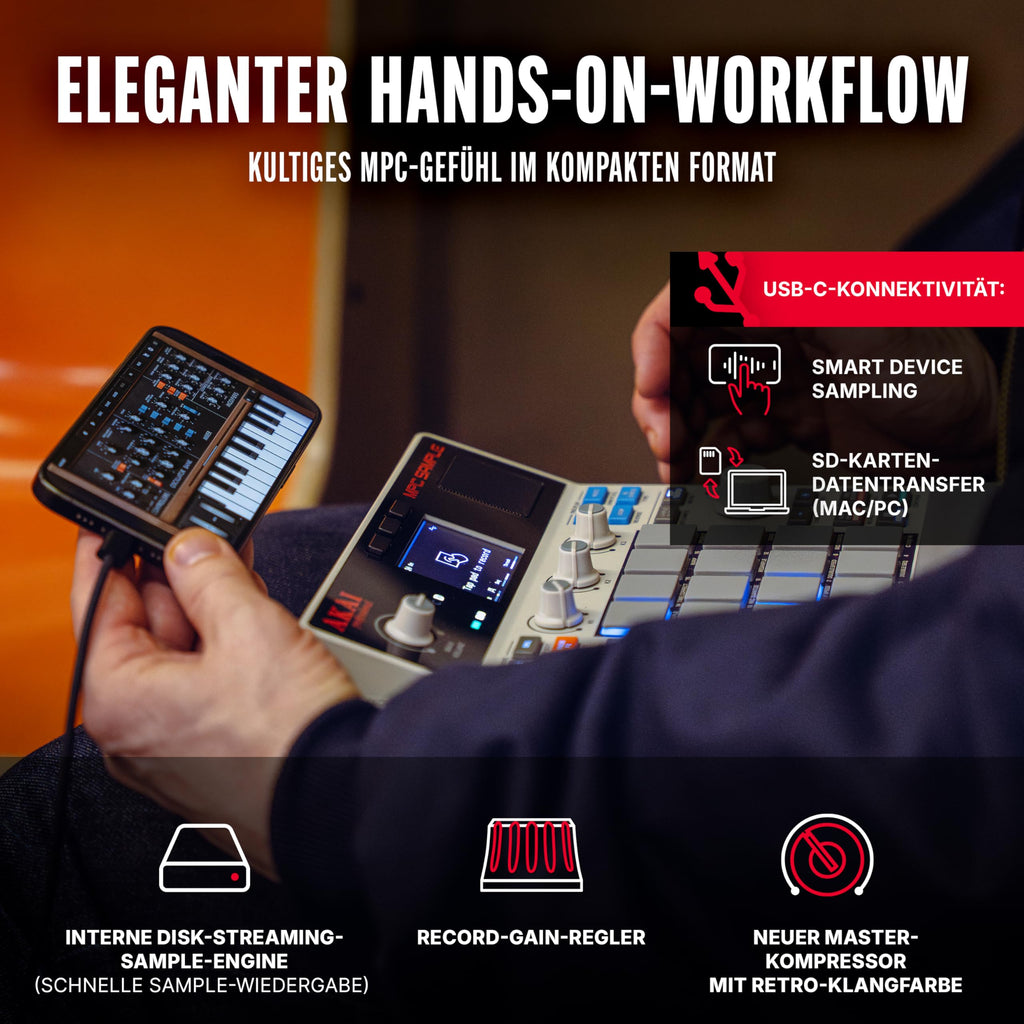 MPC Sampler MPCSAMPLE tragbar Standalone USB-C mit 16 Pads Lautsprecher Mikrofon und Akku 23,6 × 19,4 × 5 cm