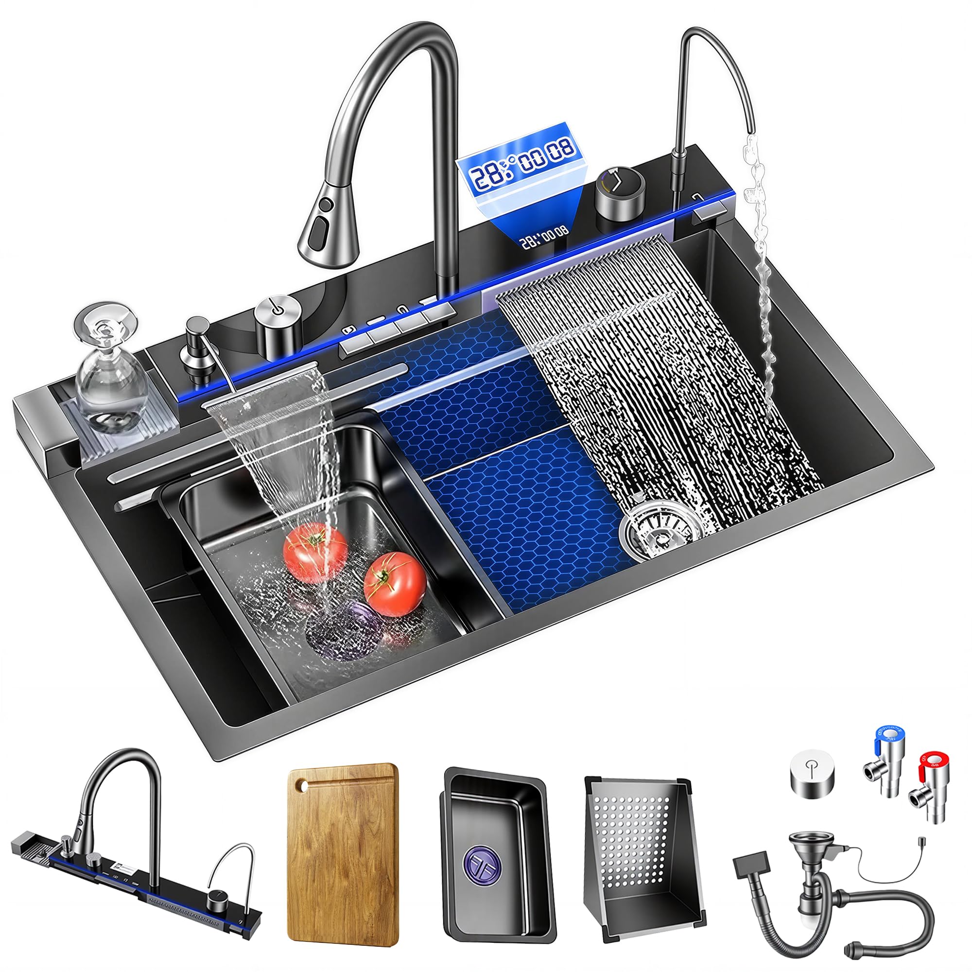 Edelstahl Küchenspüle 80 x 45 x 22 cm Einzelbecken mit LED-Temperaturanzeige ausziehbarem Wasserfallhahn und Ablaufgarnitur