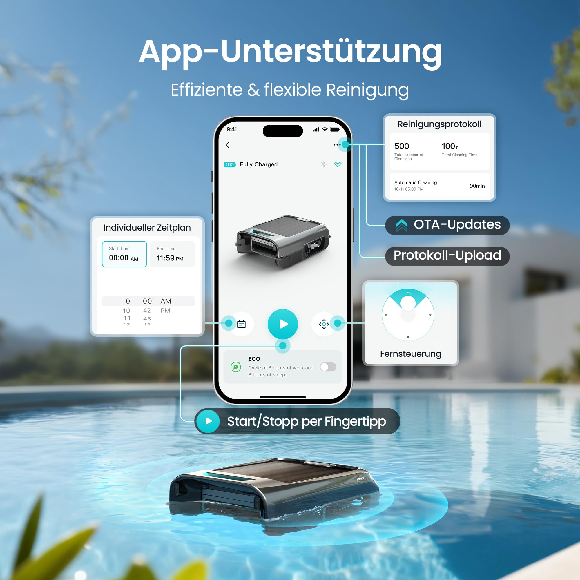 Pool-Oberflächenskimmer-Roboter EcoSurfer S2 Solar- und DC-Ladung 150 µm Filter App-Steuerung mit Hinderniserkennung
