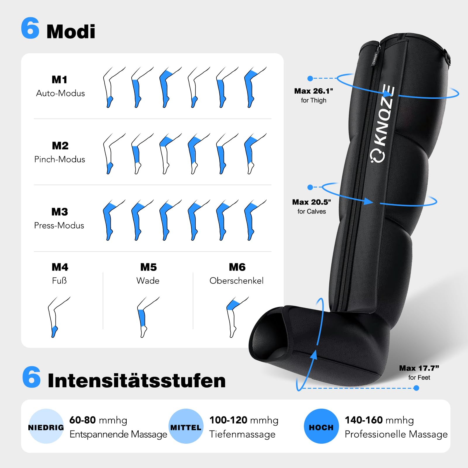 Beinmassagegerät mit 4 Zonen 6 Modi 6 Intensitäten 3 Timer für Füße Waden und Oberschenkel