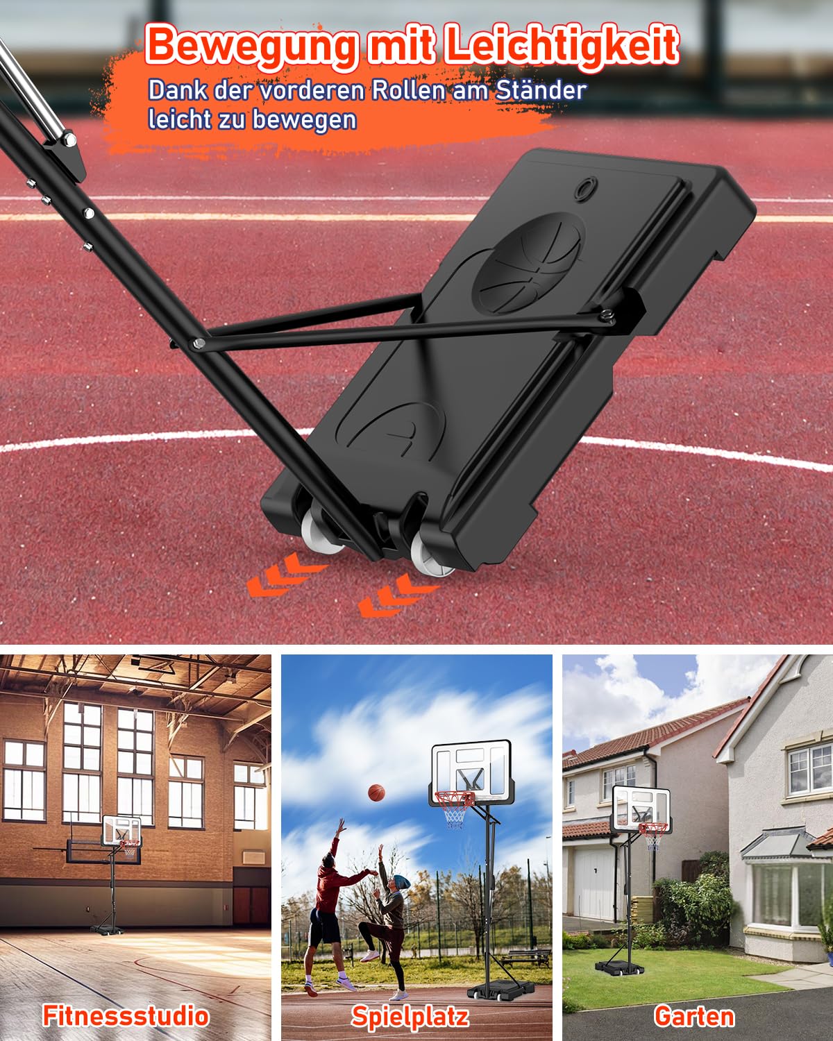 Höhenverstellbarer Basketballkorb LM052 145–305 cm mit 110 x 75 cm Rückwand Rollen und befüllbarer Standbasis