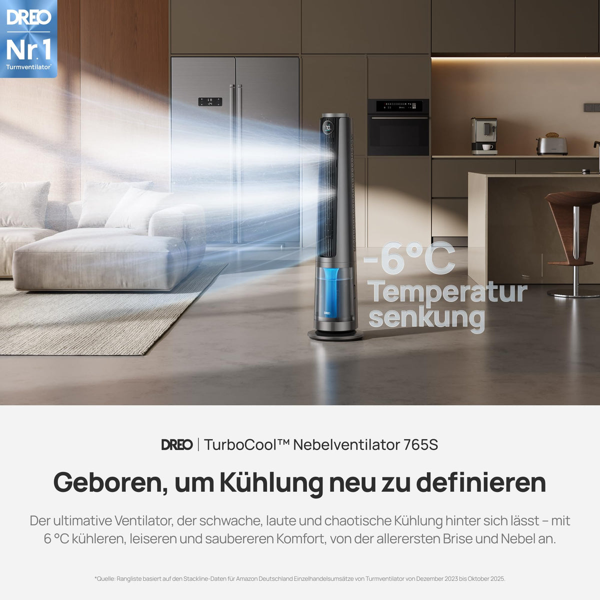 Nebelventilator 765S 3-in-1 Turmventilator 6 L Tank 10,4 m/s Luftstrom WLAN App-Steuerung 12 Geschwindigkeiten 4 Modi
