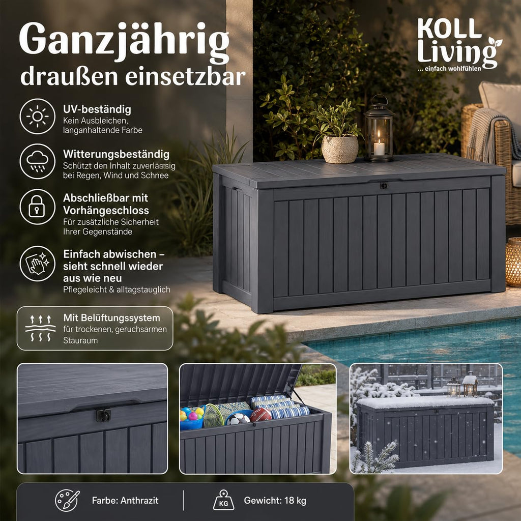 Auflagenbox 570 Liter wasserdicht mit Belüftung 155 x 72,4 x 64,4 cm Holzoptik Gasdruckfeder Anthrazit