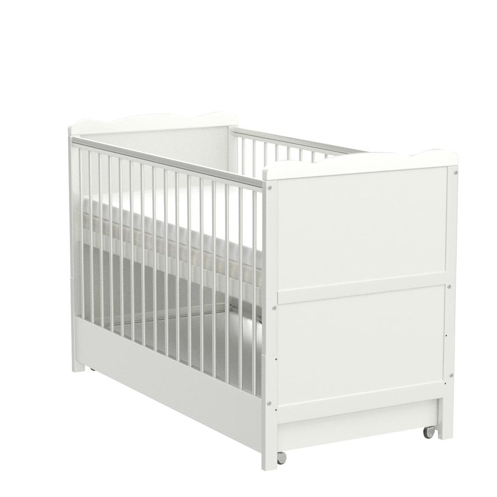 Baby Gitterbett mit Schublade 3-fach höhenverstellbar 6 cm Aloe Vera Matratze Zahnschienen umbaubar zum Juniorbett 120 x 60 cm Weiß