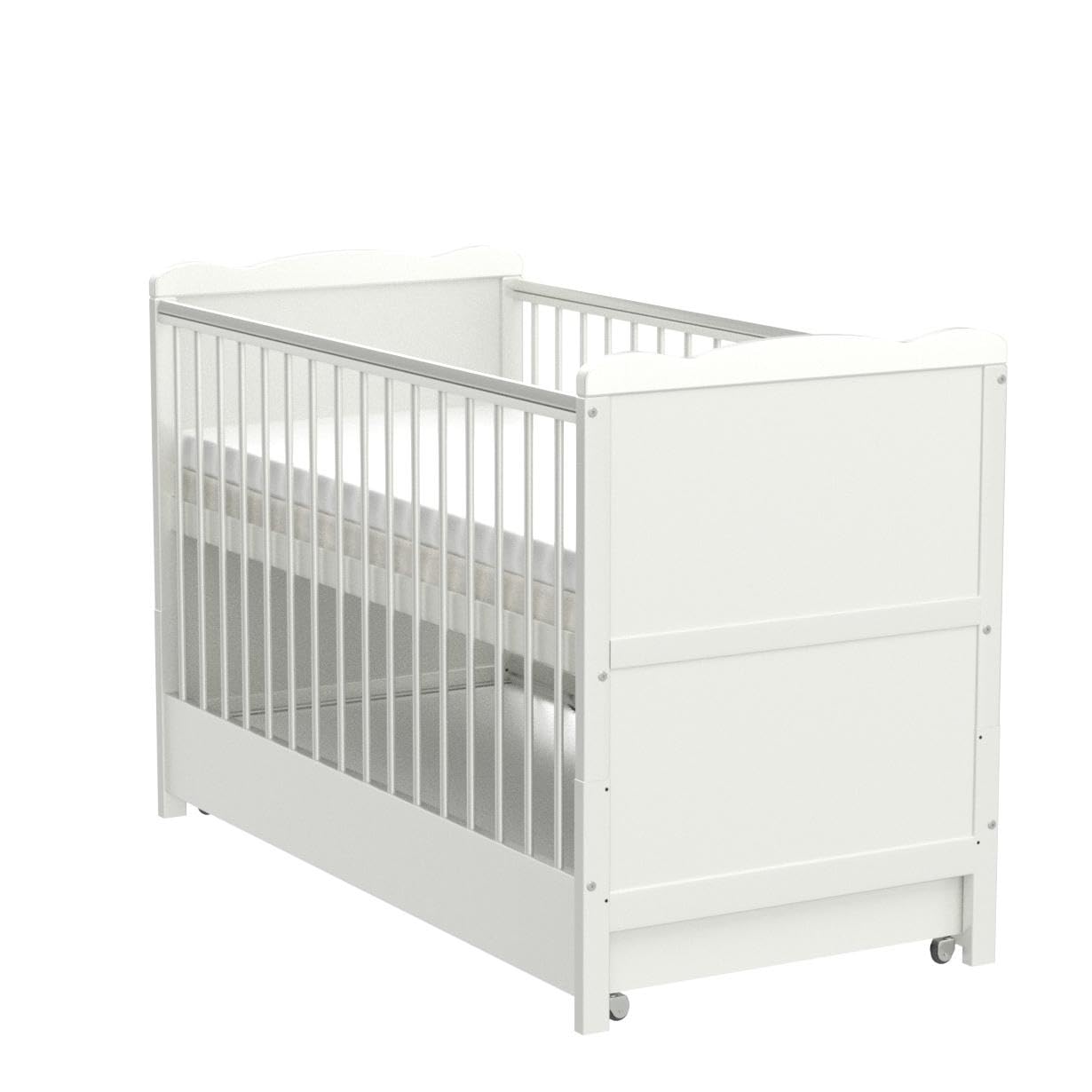 Baby Gitterbett mit Schublade 3-fach höhenverstellbar 6 cm Aloe Vera Matratze Zahnschienen umbaubar zum Juniorbett 120 x 60 cm Weiß