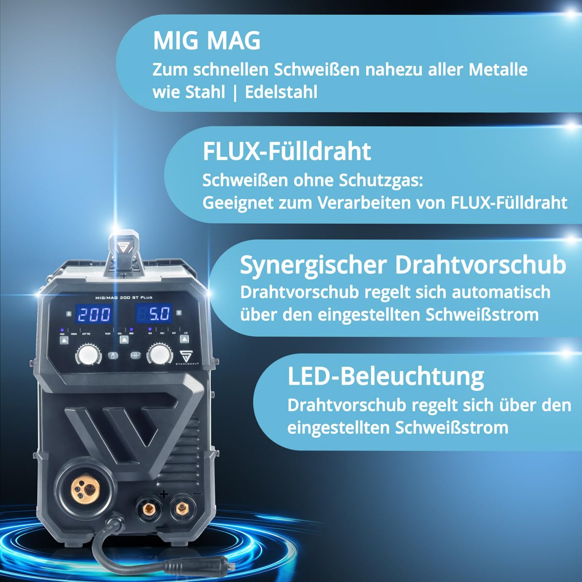 Schutzgasschweißgerät MIG MAG 200 ST 200 A IGBT Inverter synergischer Drahtvorschub FLUX Lift-TIG MMA