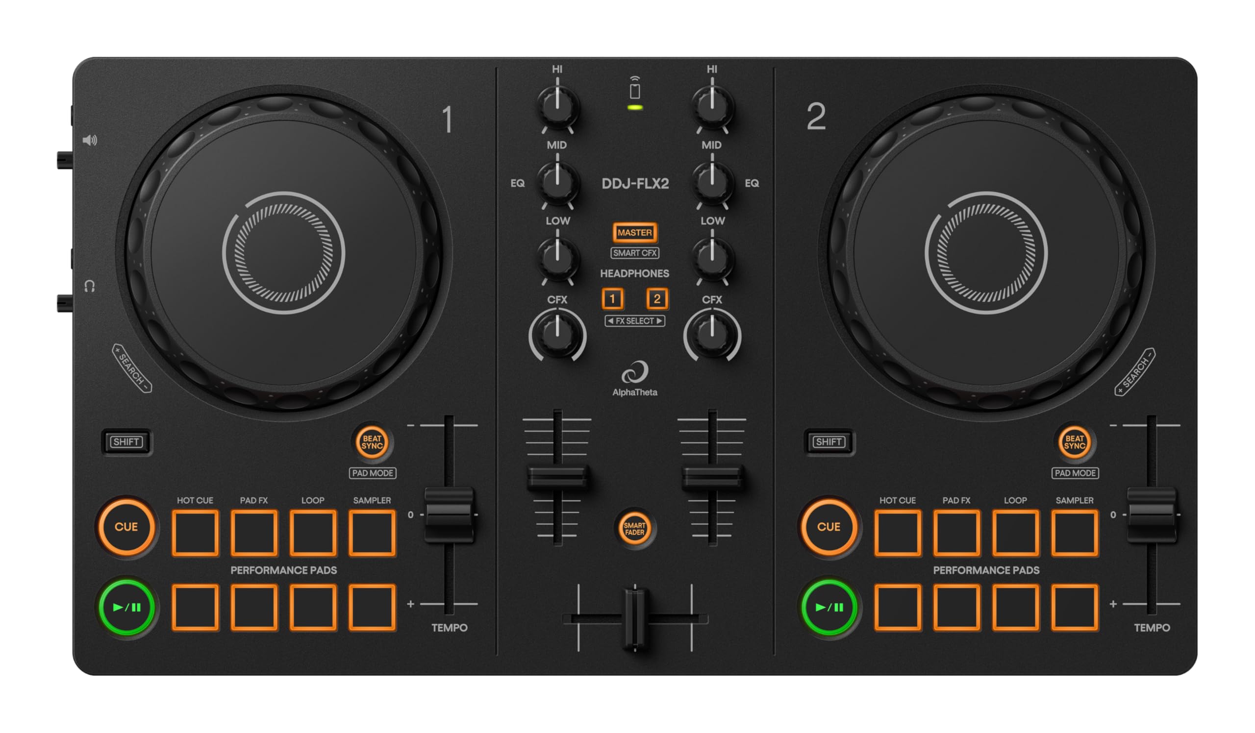 DJ-Controller DDJ-FLX2 2-Kanal USB-C kompatibel mit PC Mac Smartphone und Tablet