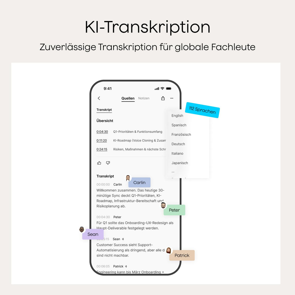 KI-Diktiergerät Note Pro 64 GB 50 Std Aufnahmezeit Bluetooth WAV Dual-Modus 5 m Aufnahmebereich 4 MEMS Mikrofone 1 VPU Mikrofon 112 Sprachen