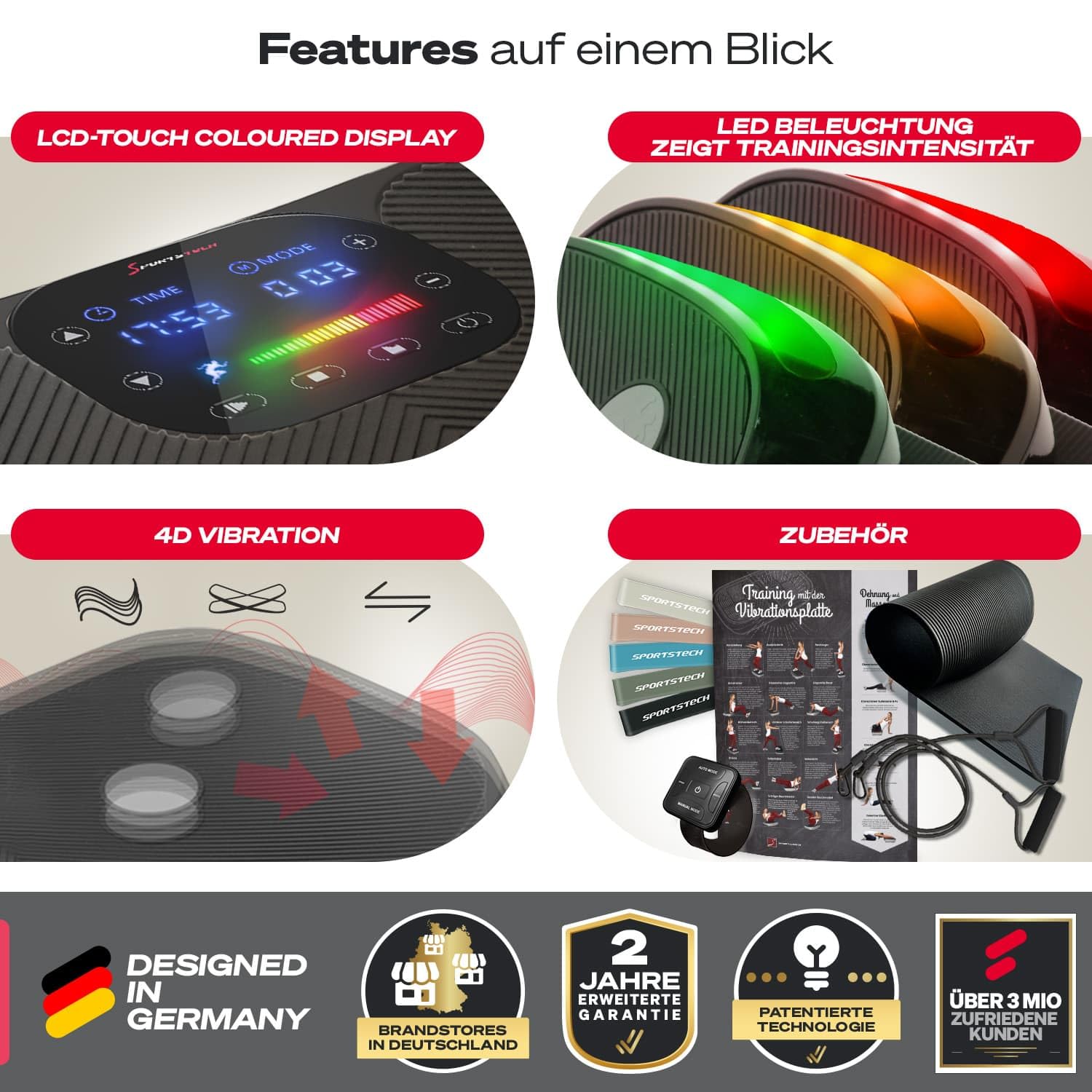 4D-Vibrationsplatte VP400 bis 40 Hz mit 3 Trainingsmodi Bluetooth Lautsprecher Touch-Display und 120 kg Belastbarkeit