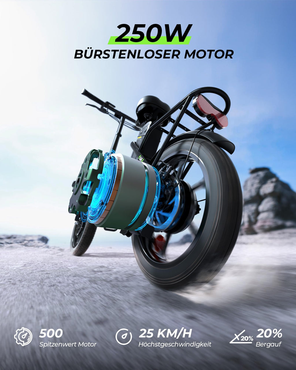 Faltbares E-Bike U4 16 Zoll Schwarz mit 250 W Motor 36 V 10,4 Ah Akku 5 Gängen Scheibenbremsen und Gepäckträger