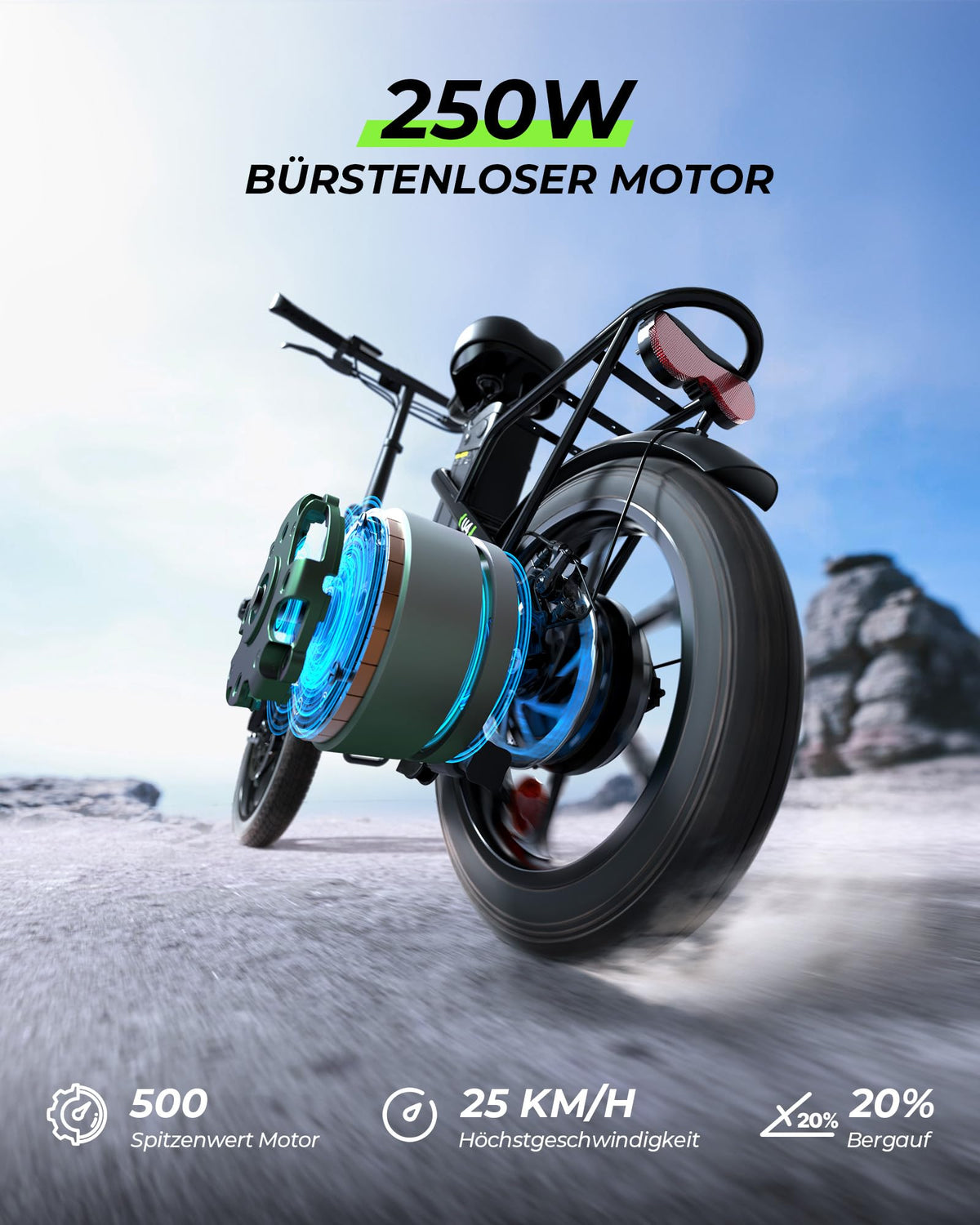 Faltbares E-Bike U4 16 Zoll Schwarz mit 250 W Motor 36 V 10,4 Ah Akku 5 Gängen Scheibenbremsen und Gepäckträger