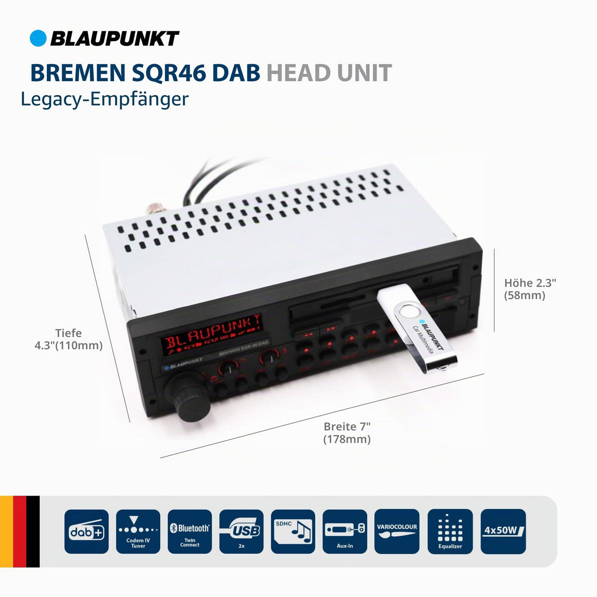 Bremen SQR 46 DAB 1-DIN Autoradio DAB+ Bluetooth USB Aux SDHC 4x50W 12V Freisprecheinrichtung