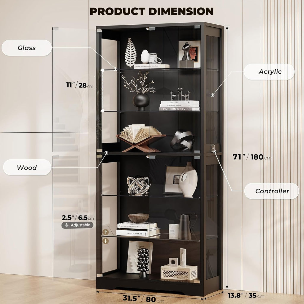 Vitrine mit Glastür BD019B 180 cm 6 Ebenen Beleuchtung verstellbare Glasböden für Sammlerstücke