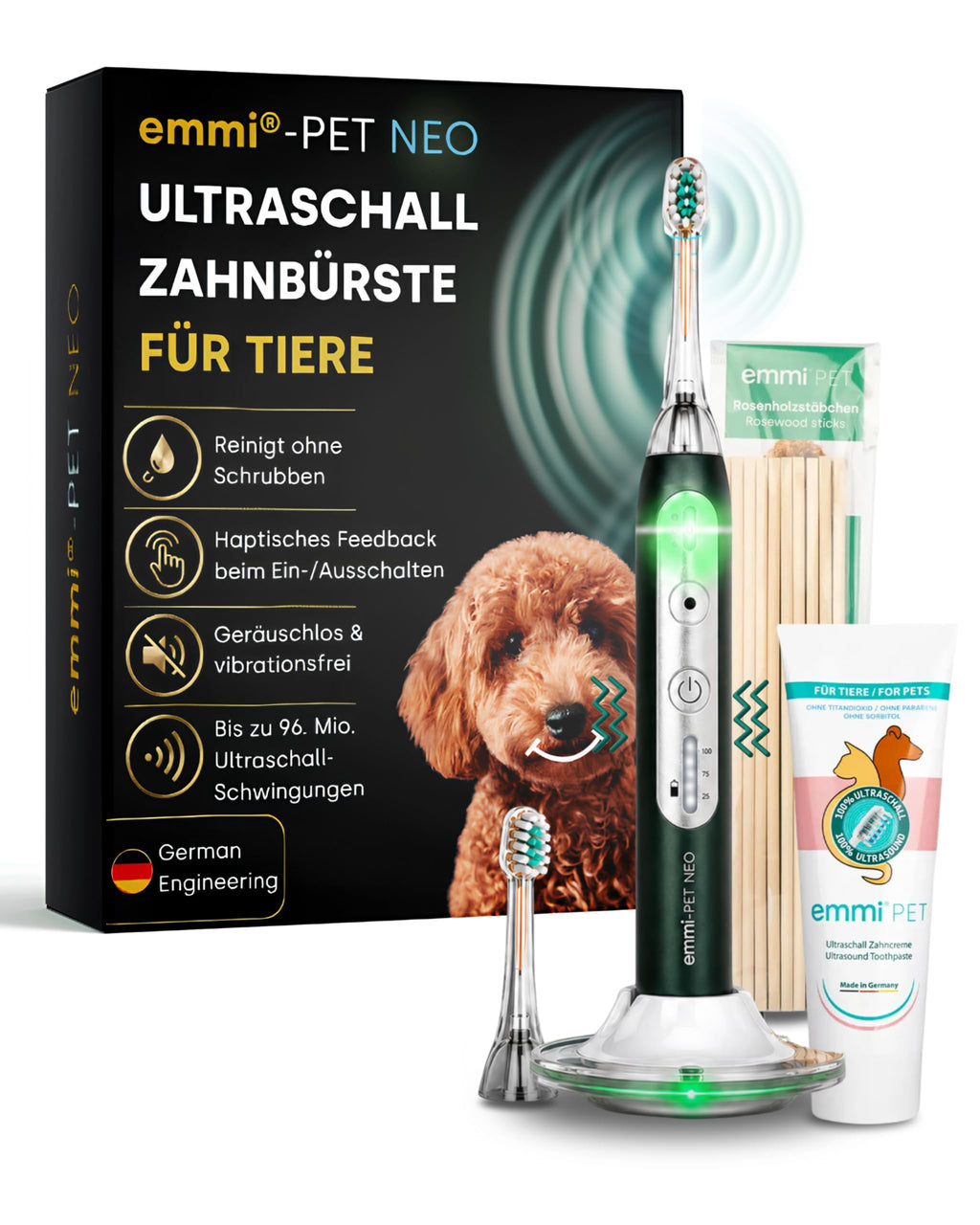Ultraschall-Zahnbürste für Hunde NEO 96 Mio. Schwingungen 3 Reinigungsmodi 14 Tage Akkulaufzeit geräusch- und vibrationsfrei