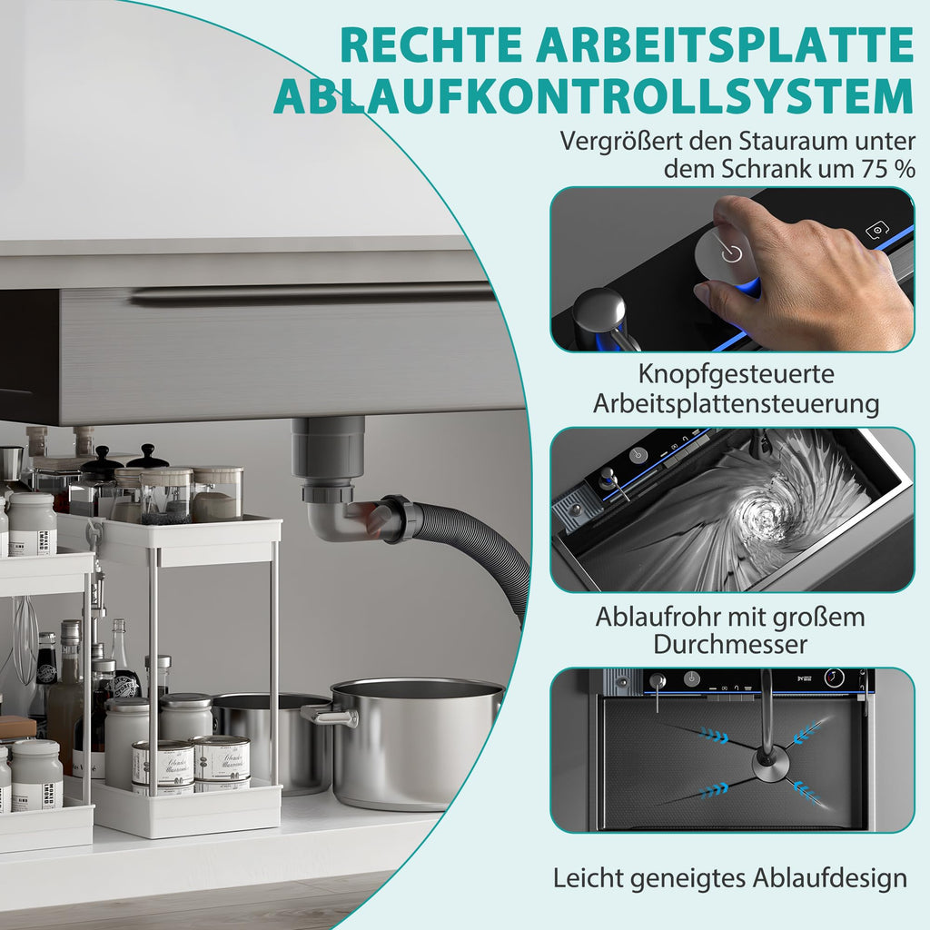 Edelstahl Küchenspüle 80 x 45 x 22 cm Einzelbecken mit LED-Temperaturanzeige ausziehbarem Wasserfallhahn und Ablaufgarnitur