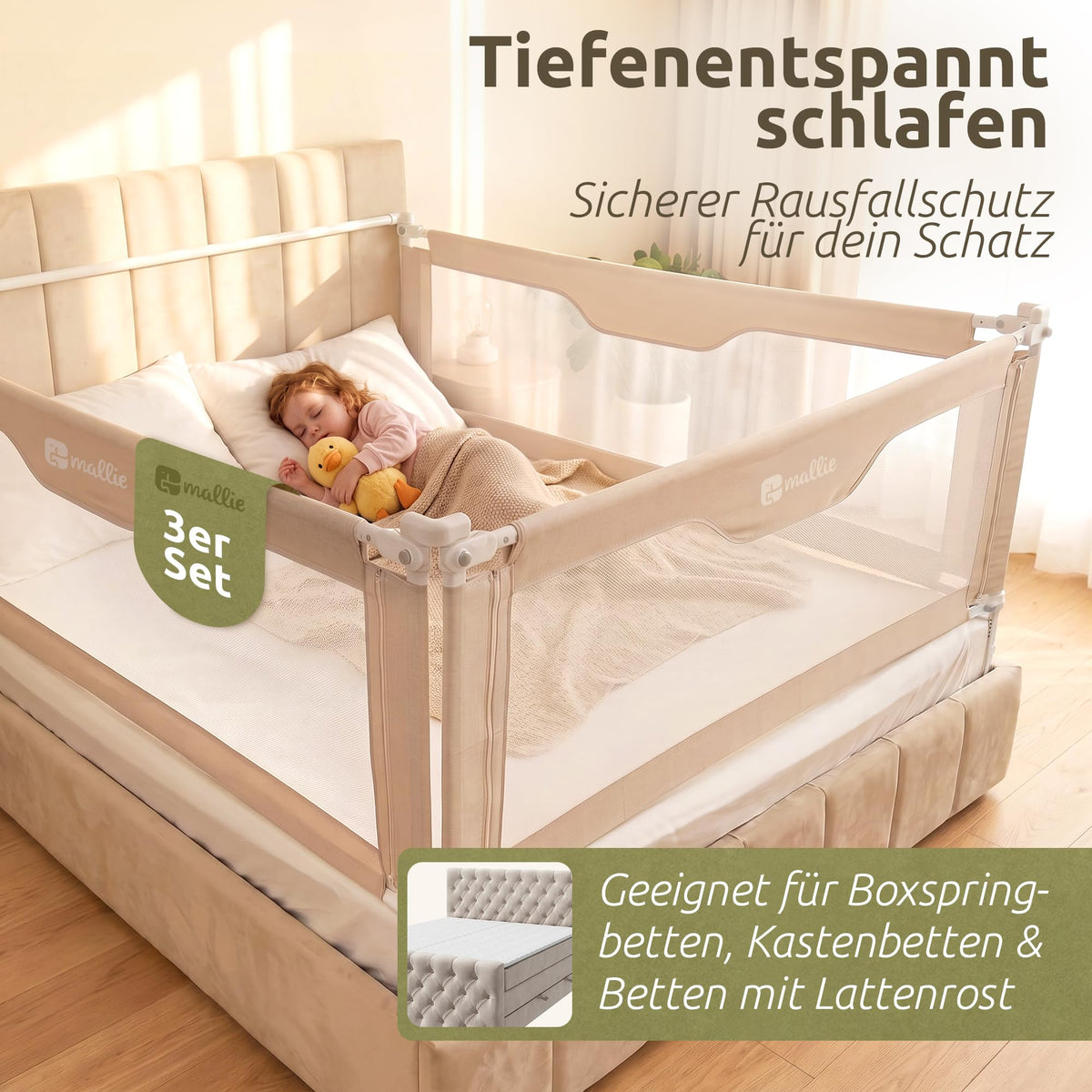 Bettgitter Rausfallschutz 200x200 cm 3-seitiges Set MALLIEFIX 2.0 Click-System höhenverstellbar Beige