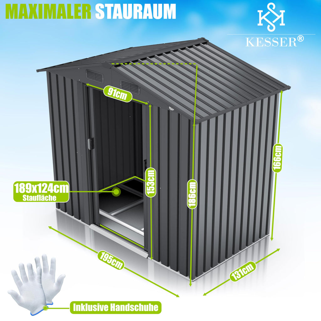 Metall Gerätehaus 4,2 m³ mit Fundamentrahmen 195 × 131 × 186 cm 2 Schiebetüren wetterfest