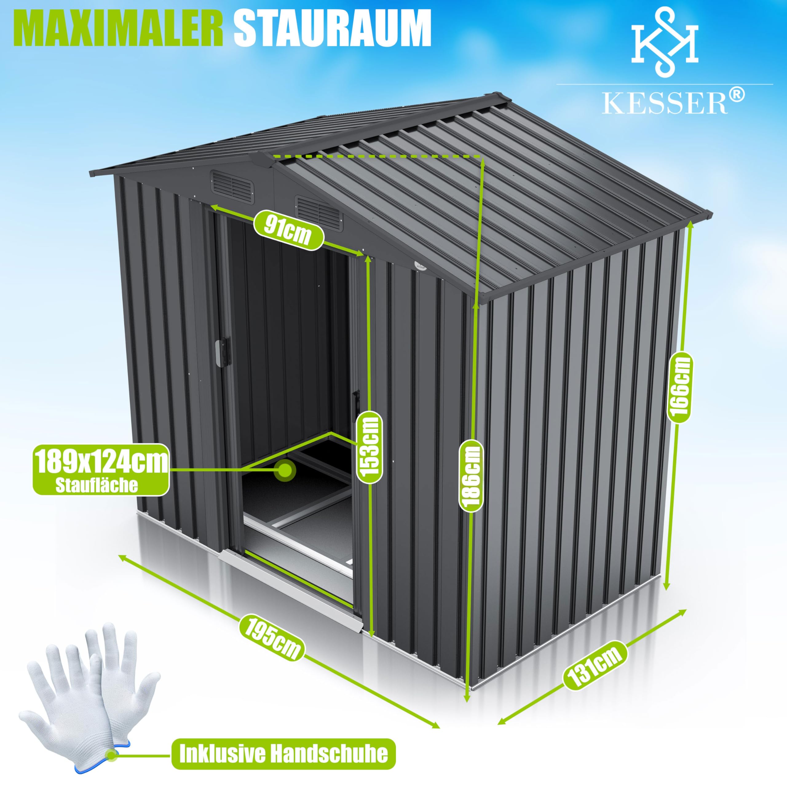 Metall Gerätehaus 4,2 m³ mit Fundamentrahmen 195 × 131 × 186 cm 2 Schiebetüren wetterfest