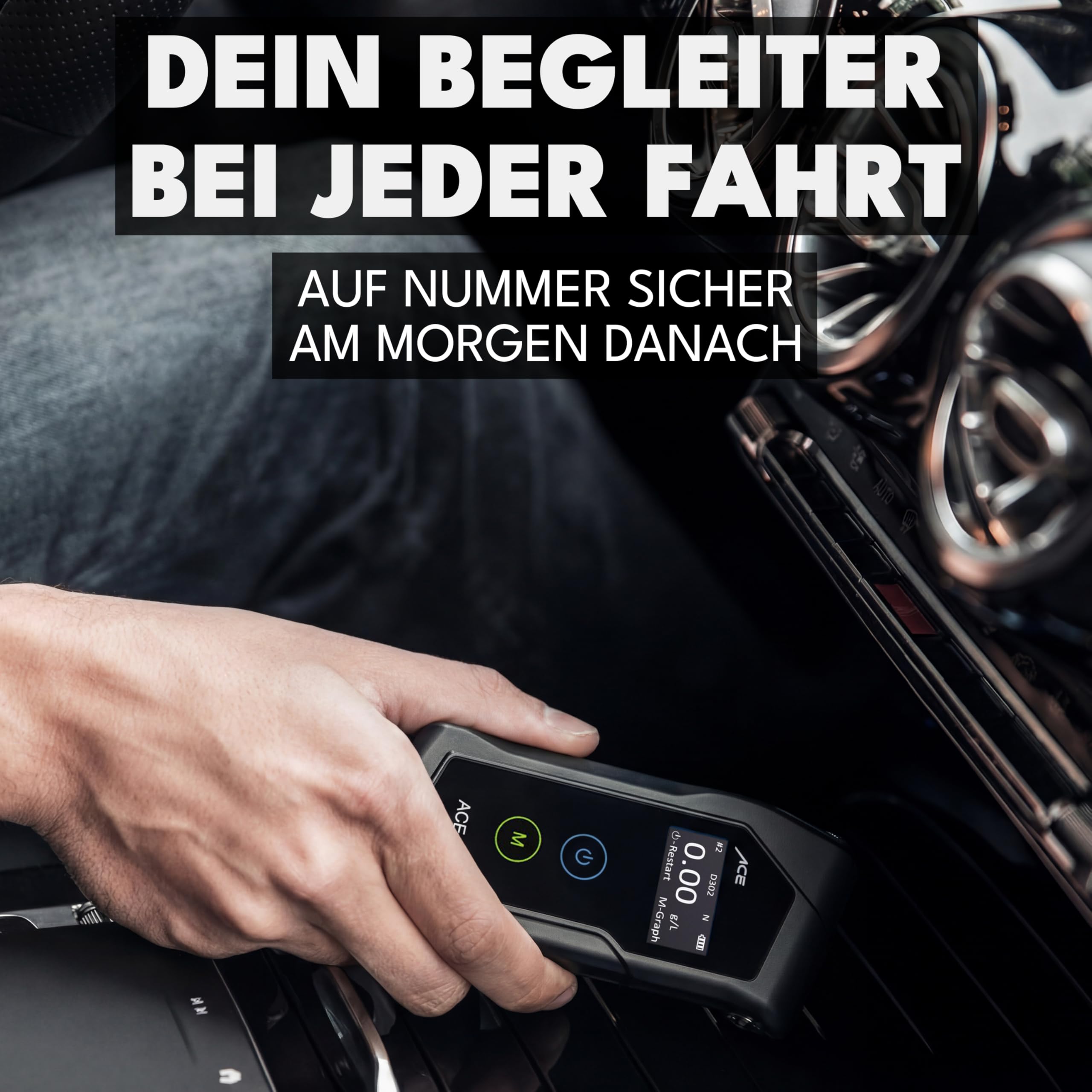 Alkoholtester ACE X mit elektrochemischem Sensor 0,05 Promille Abweichung 6 Mundstücke Transporttasche und 2 AAA-Batterien