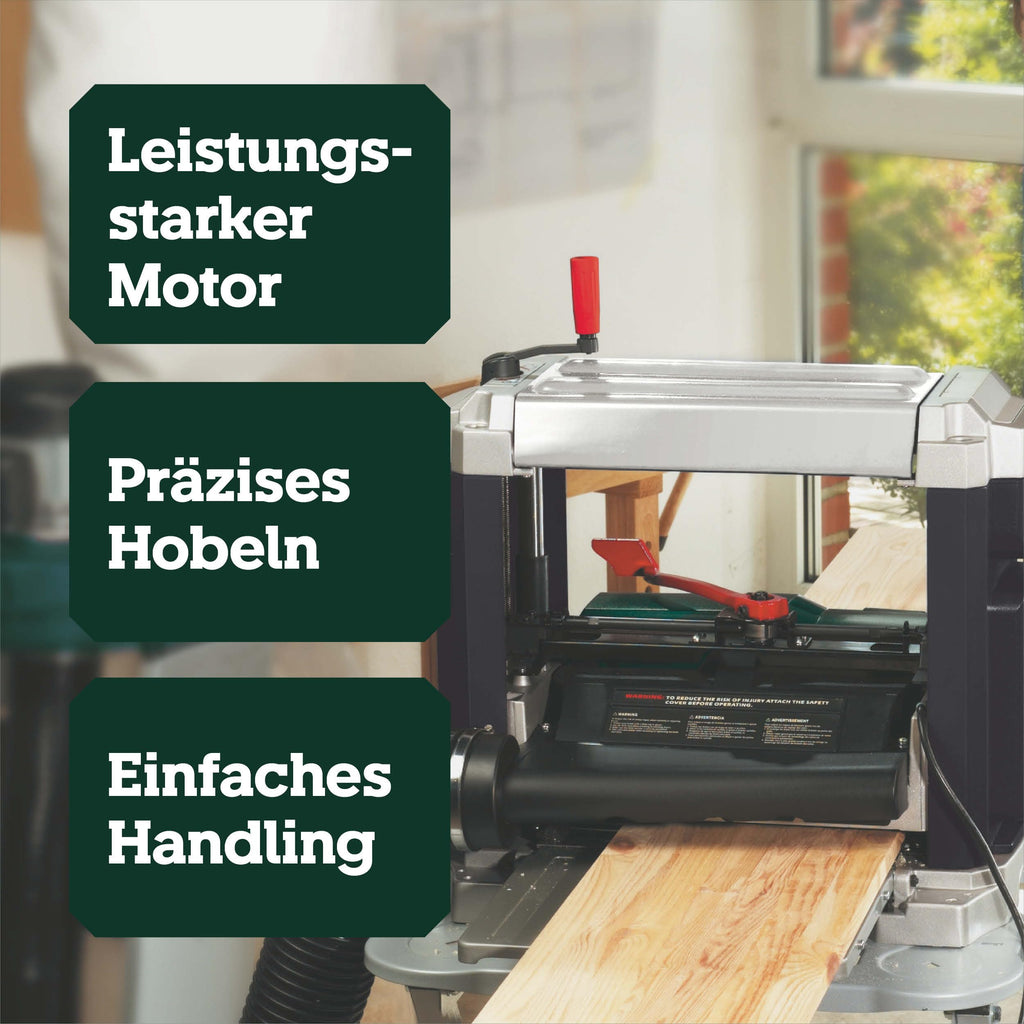 Dickenhobelmaschine DH 330 1800 W 330 mm Hobelbreite 152 mm Durchlasshöhe mit 2 HSS-Wendemessern und Absaugstutzen