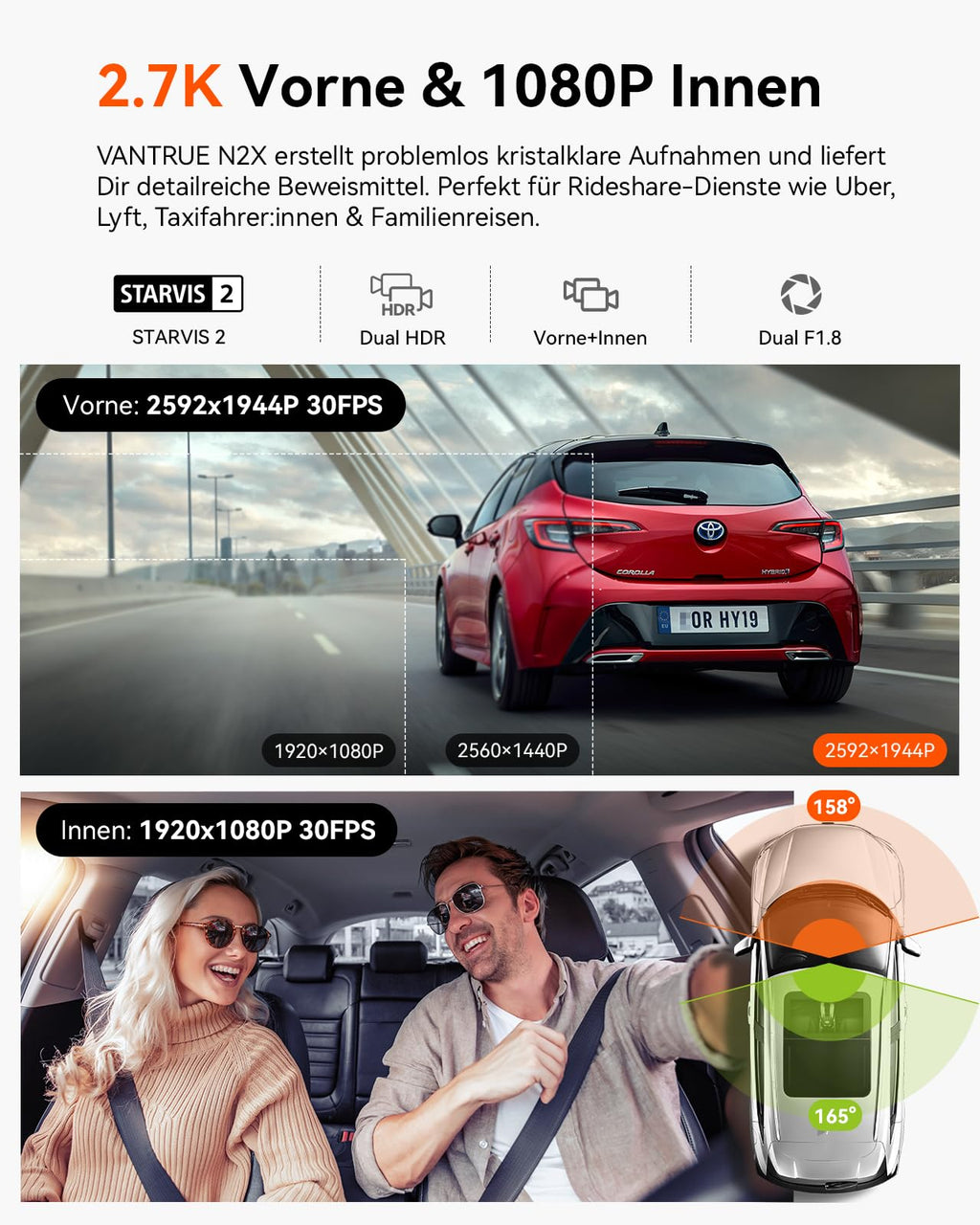 2K Dashcam N2X Dualkamera 2.5K 60FPS vorne und 1080P innen STARVIS 2 HDR 5GHz WLAN GPS Nachtsicht Sprachsteuerung