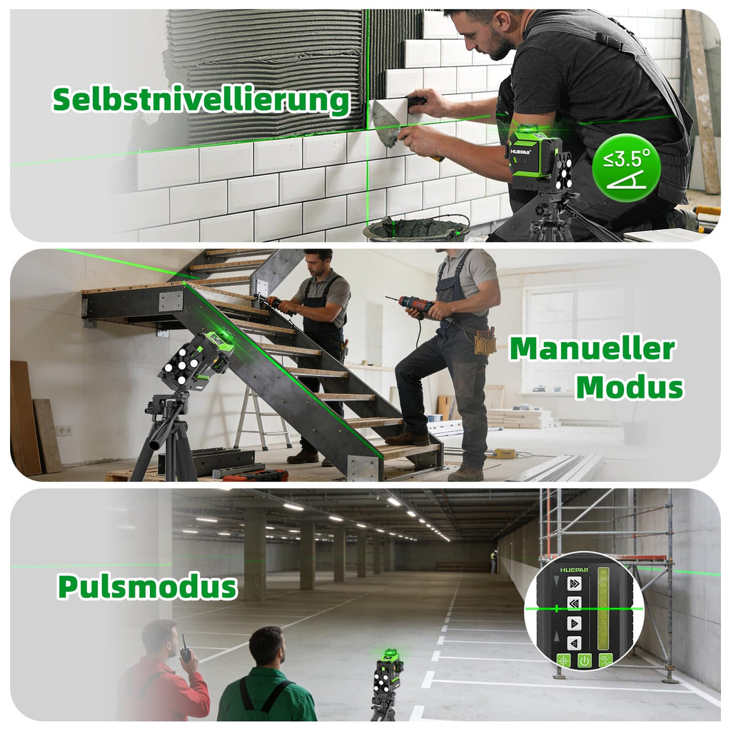Kreuzlinienlaser 360° mit motorisierter Basis Fernbedienung automatischer Ausrichtung ±2 mm Präzision Pulsmodus 5200 mAh Akku