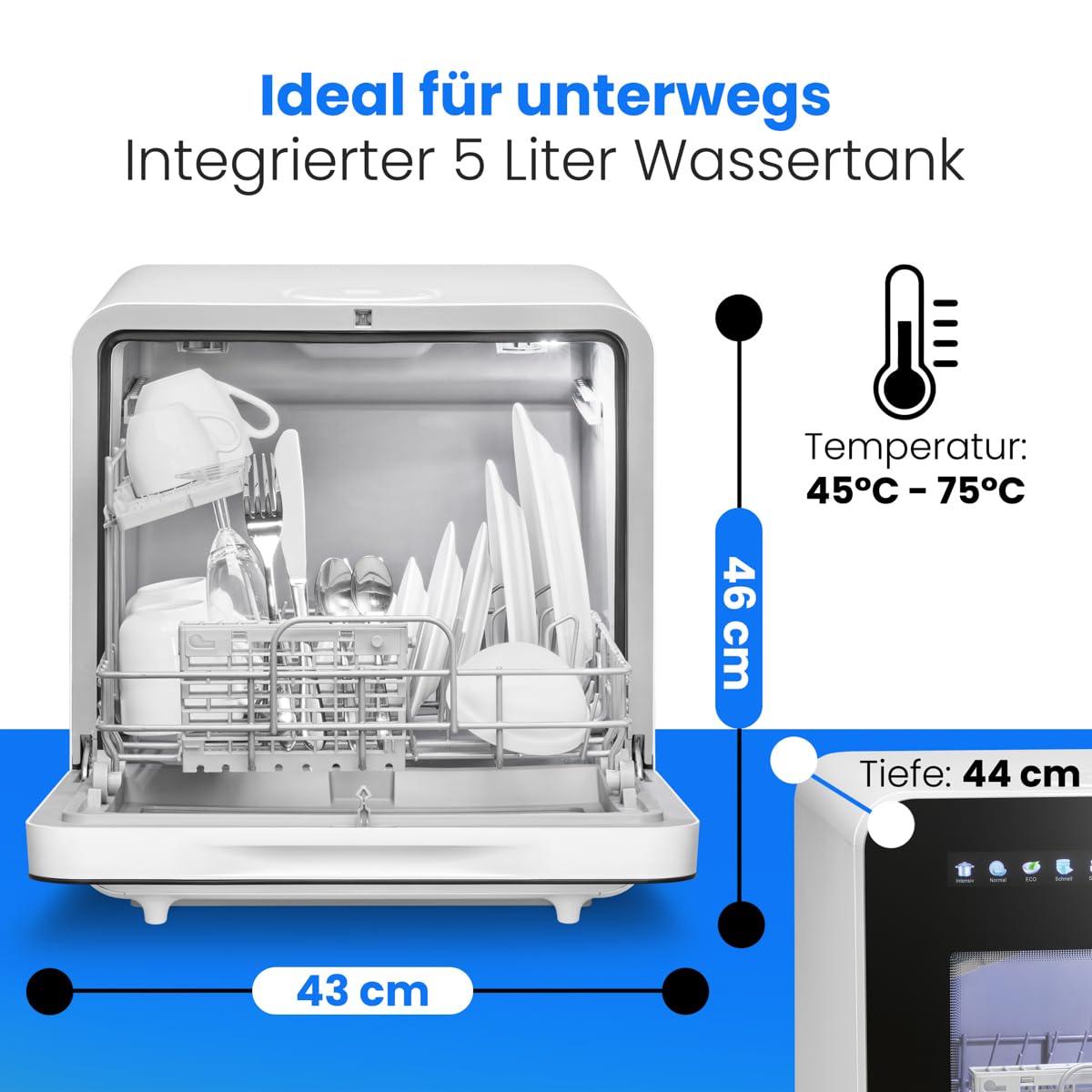 Tischgeschirrspüler TSG 5702 mit 5-Liter-Tank 6 Programme 3 Maßgedecke Energieeffizienzklasse C Touch-Bedienung