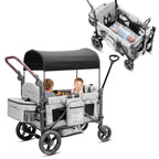 Faltbarer Bollerwagen RO-02 für 2 Kinder mit Dach 5-Punkt-Gurt PU-Rädern Snacktablett und Aluminiumrahmen Grau