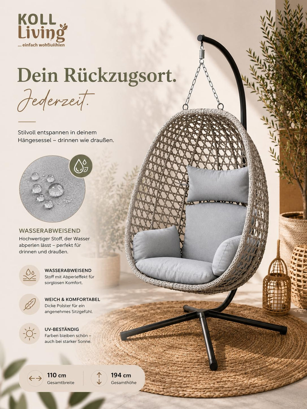 Hängesessel Outdoor Luna in Rattanoptik 103 x 95 cm mit Stahlgestell und Sitzkissen Beige Grau