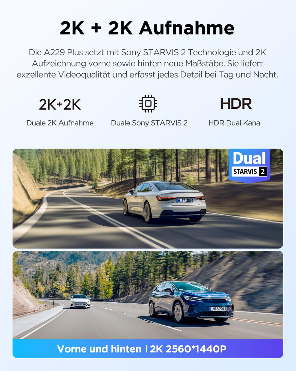 2K Dashcam A229 Plus 2CH Dual HDR 2K vorne und hinten 5 GHz WLAN GPS Sprachsteuerung Nachtsicht