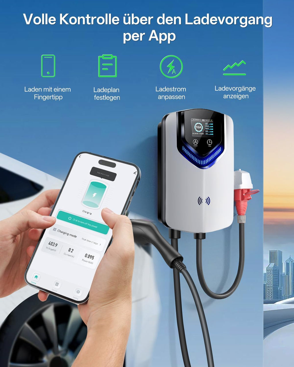 Wallbox 11 kW Typ 2 400 V 16 A 3-phasig 8 m Ladekabel App RFID RCD 30 mA AC 6 mA DC IP65 für BEV PHEV