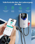 Wallbox 11 kW Typ 2 400 V 16 A 3-phasig 8 m Ladekabel App RFID RCD 30 mA AC 6 mA DC IP65 für BEV PHEV