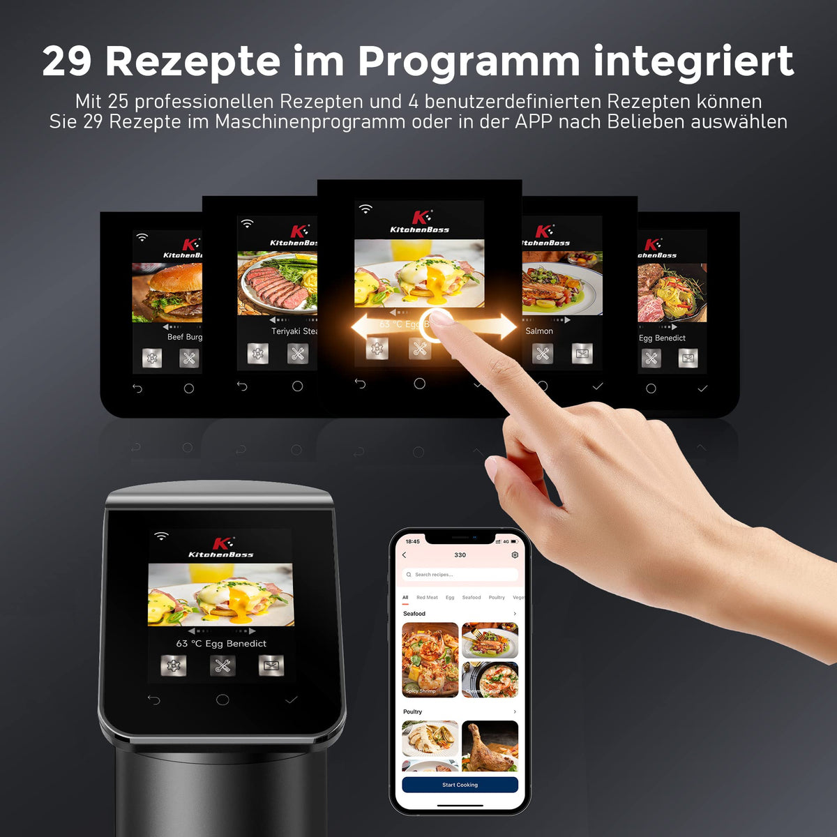 Sous-Vide-Garer G330 WLAN 1100 W 40–90 °C IPX7 Wasserdicht TFT-Touchdisplay 360° Zirkulation 50 l