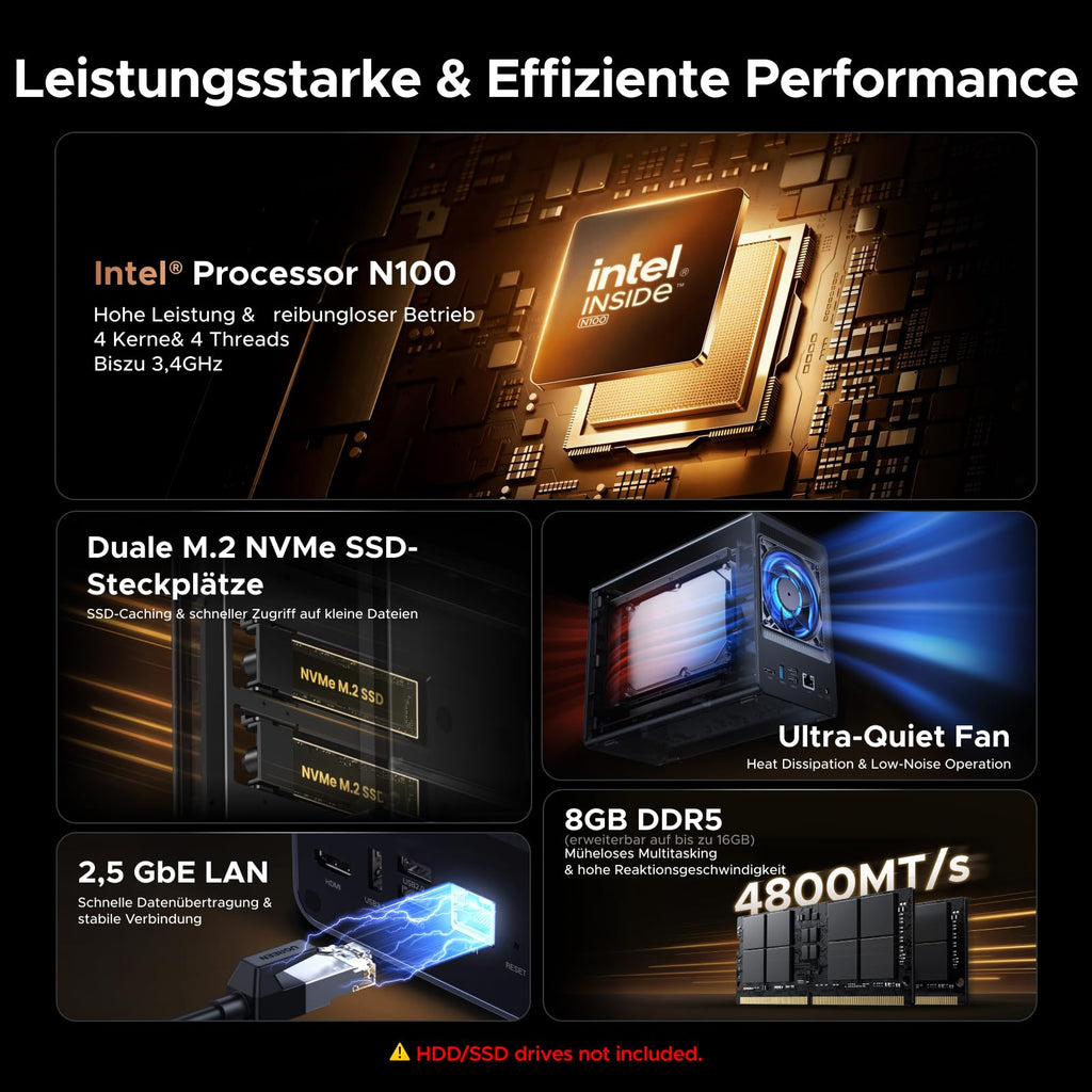 2-Bay NAS DXP2800 mit Intel N100 2,5 GbE 8 GB DDR5 2x M.2 NVMe 4K HDMI bis 80 TB ohne HDD