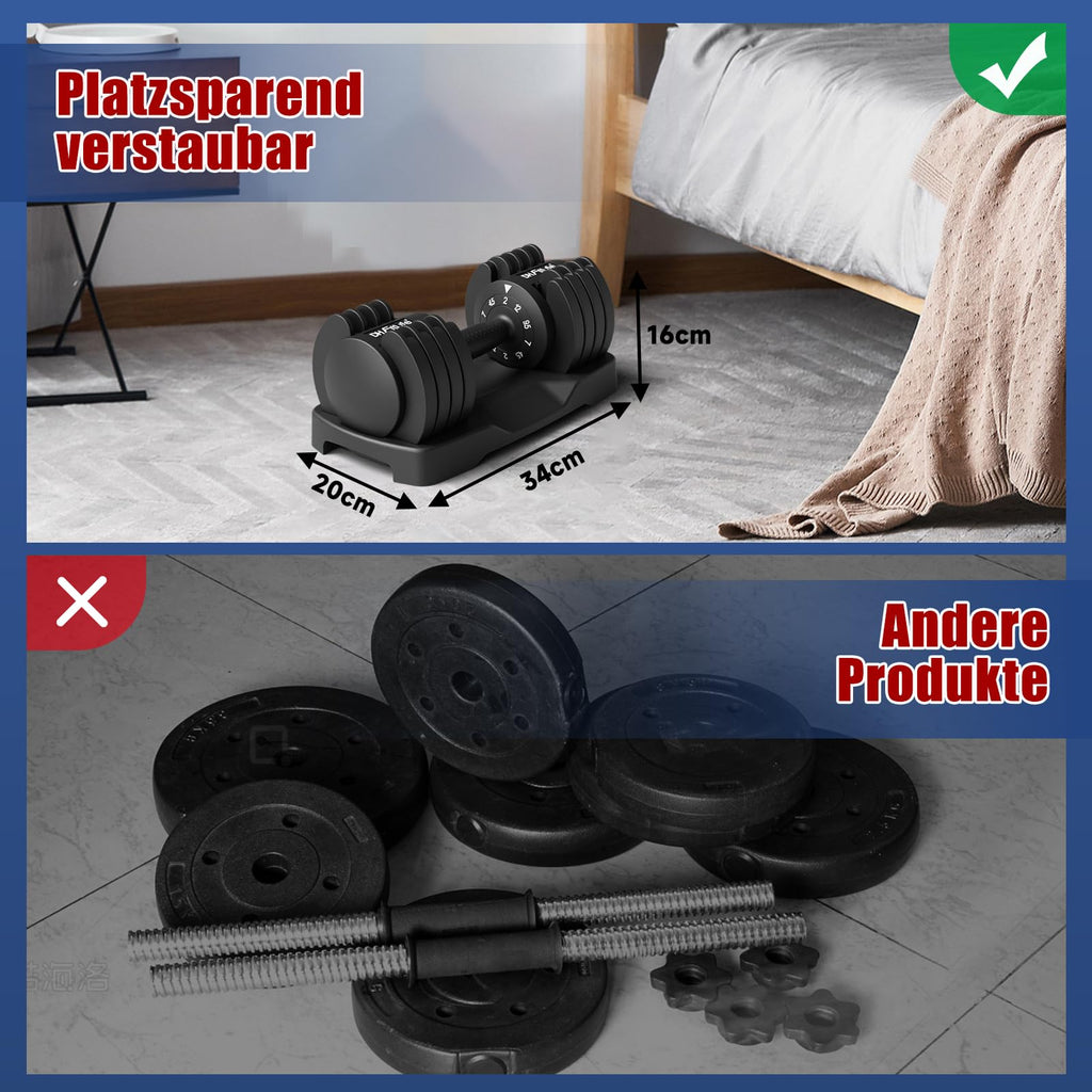 Verstellbare Kurzhanteln 5-in-1 2–12 kg 5 Gewichtsstufen mit Ablageschale Anti-Rutsch-Griff 2er Set