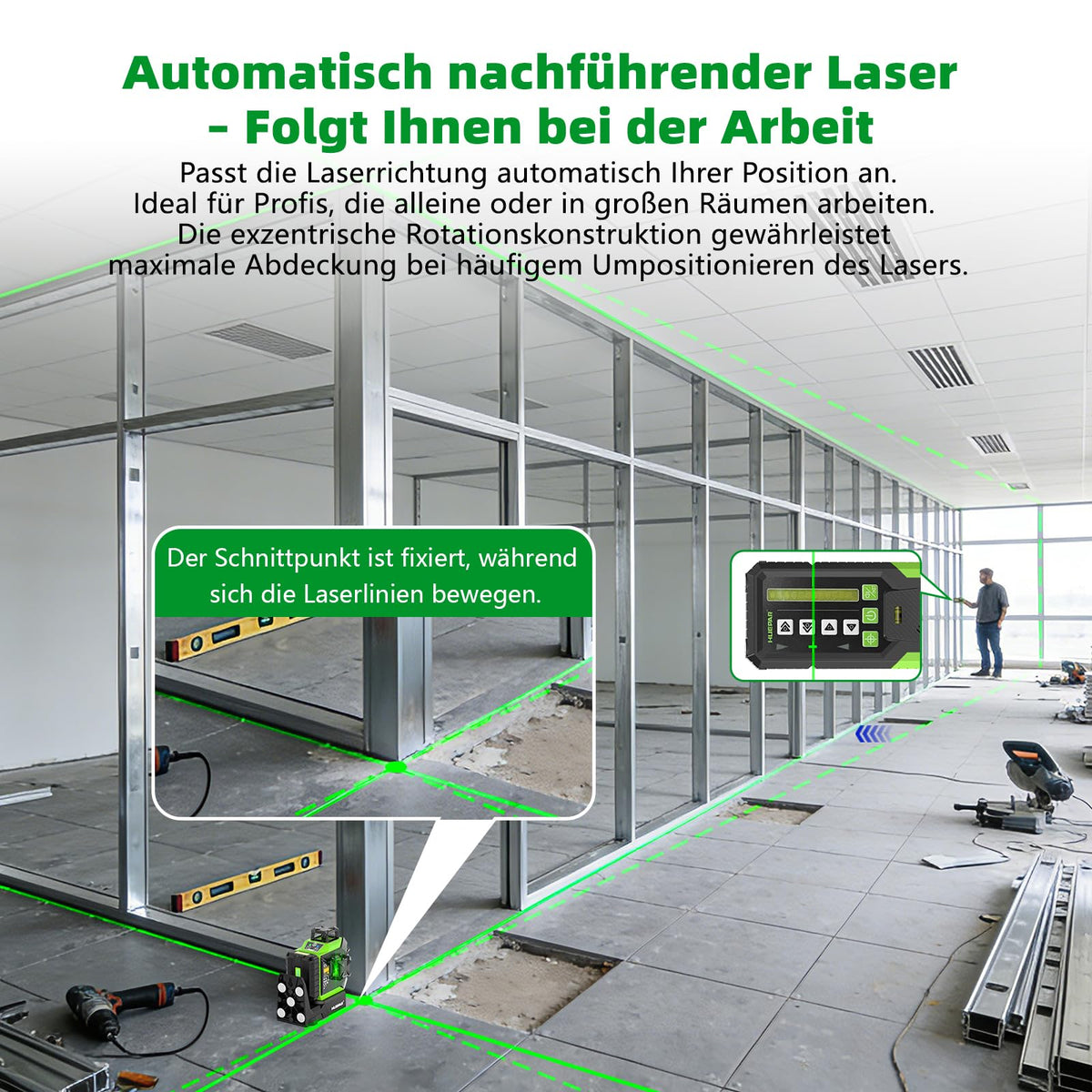 Kreuzlinienlaser 360° mit motorisierter Basis Fernbedienung automatischer Ausrichtung ±2 mm Präzision Pulsmodus 5200 mAh Akku