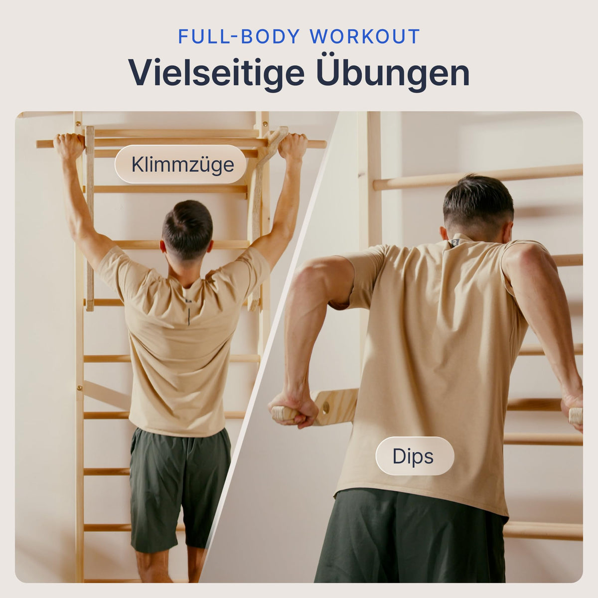 Sprossenwand Kletterwand mit Klimmzugstange und Dip Extension 220 cm aus Buchenholz und Kiefer bis 150 kg