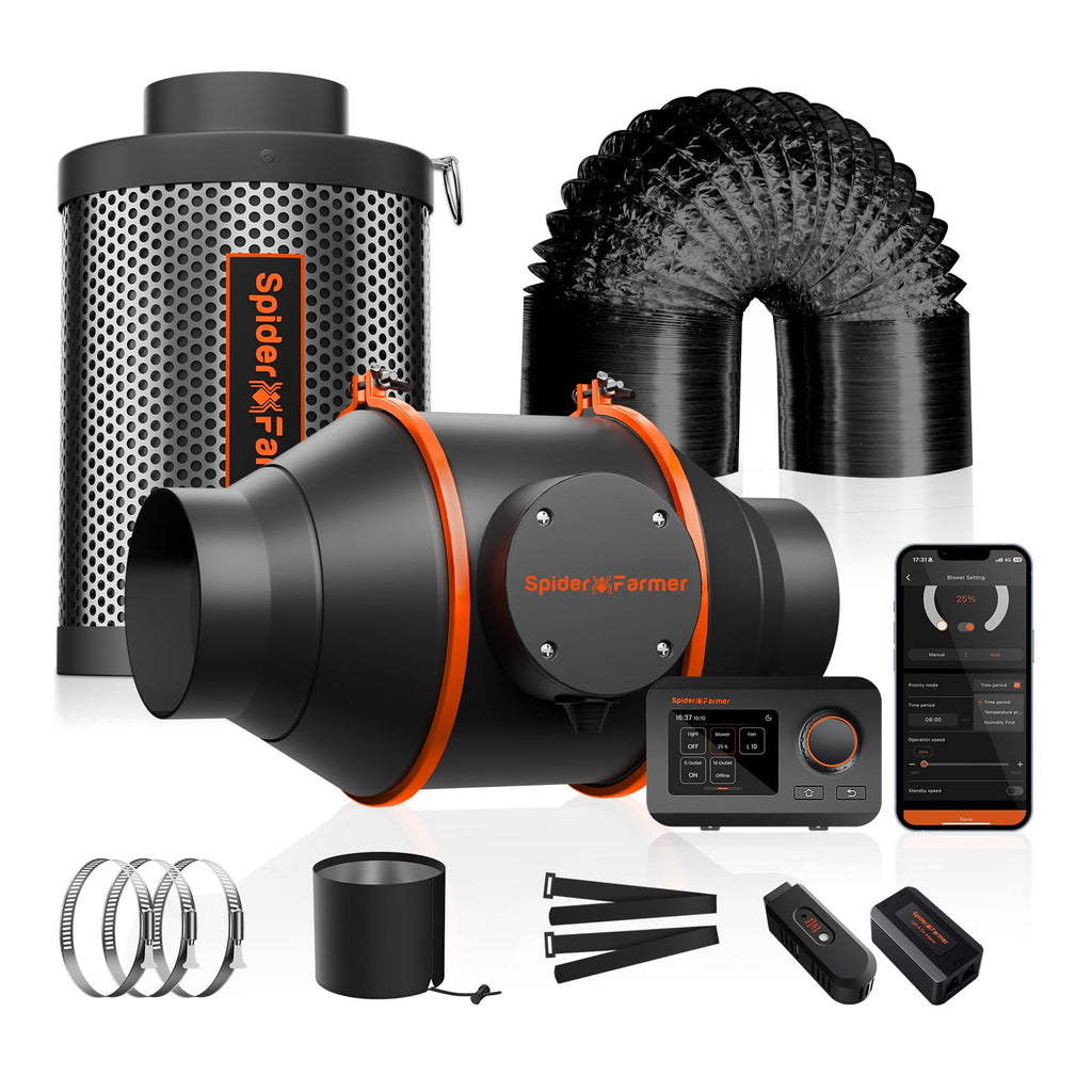Rohrventilator Abluftset 100 mm mit Aktivkohlefilter GGS Controller 205 CFM 27 W Temperatur Feuchtigkeitssensor 26,8 dB 4 m Schlauch