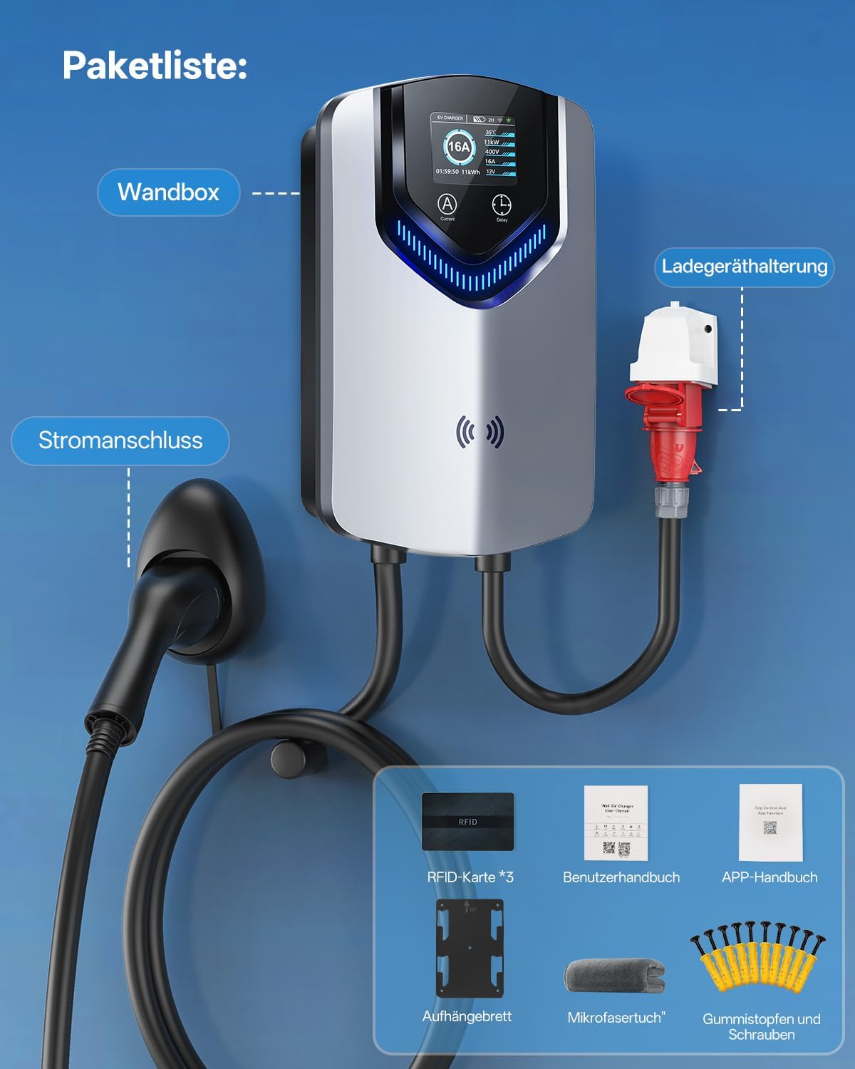 Wallbox 11 kW Typ 2 400 V 16 A 3-phasig 8 m Ladekabel App RFID RCD 30 mA AC 6 mA DC IP65 für BEV PHEV
