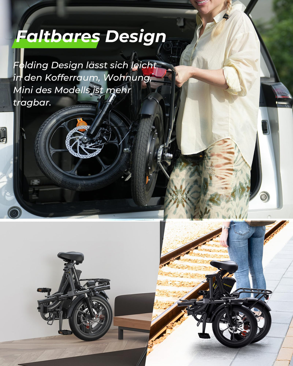 Faltbares E-Bike U4 16 Zoll Schwarz mit 250 W Motor 36 V 10,4 Ah Akku 5 Gängen Scheibenbremsen und Gepäckträger