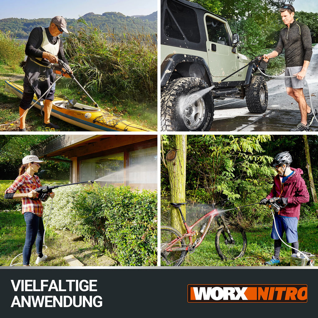 Hydroshot Akku-Hochdruckreiniger WG633E.1 20V 56 Bar 220 l/h 6 m Schlauch 5-in-1-Düse mit 4,0 Ah Akku Ladegerät
