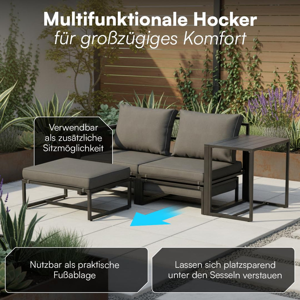 Gartenmöbel Set 5-teilig mit 2 Sesseln 2 Hockern 1 Tisch Metallgestell wetterfest für 2-4 Personen