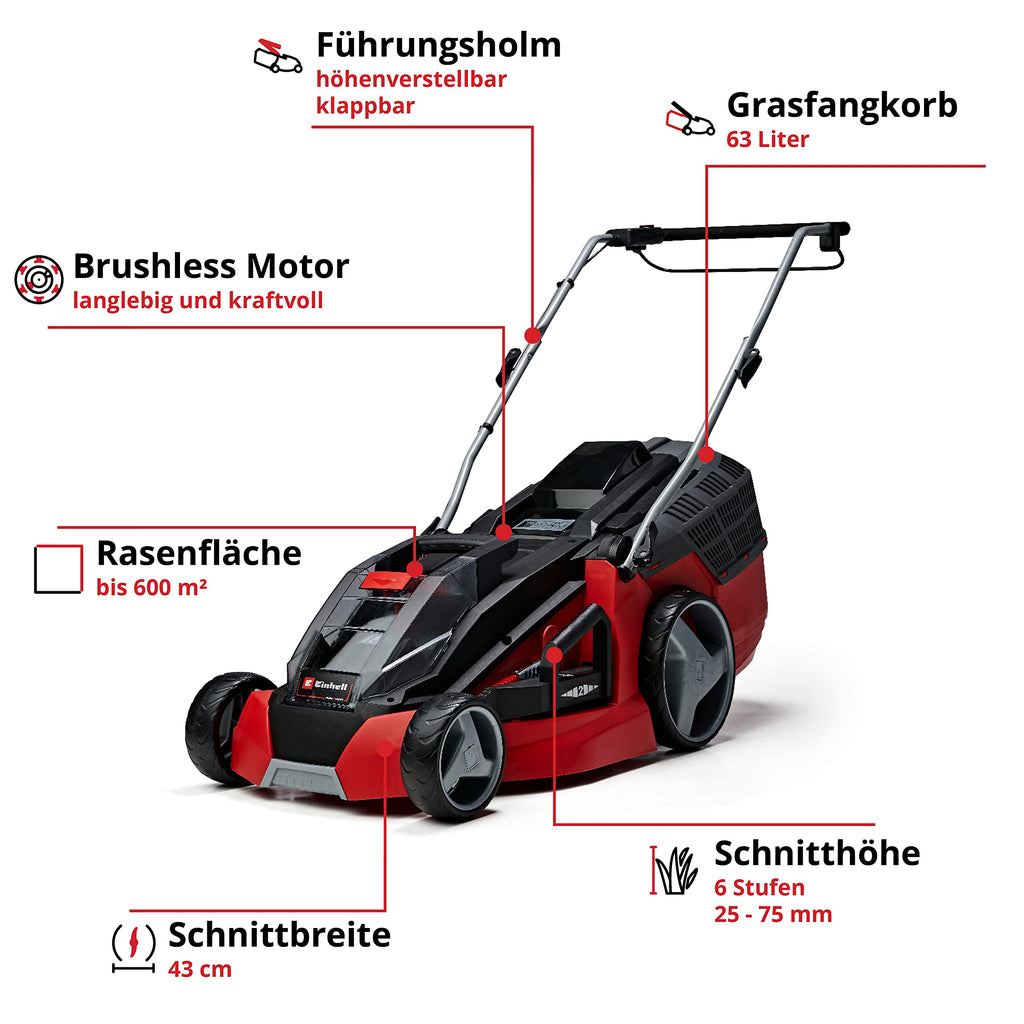Akku-Rasenmäher GE-CM 43 Li M 36V 43 cm Schnittbreite für 600 m² Brushless Mulchfunktion 63 l Fangkorb 25-75 mm 2x 4 Ah Akku